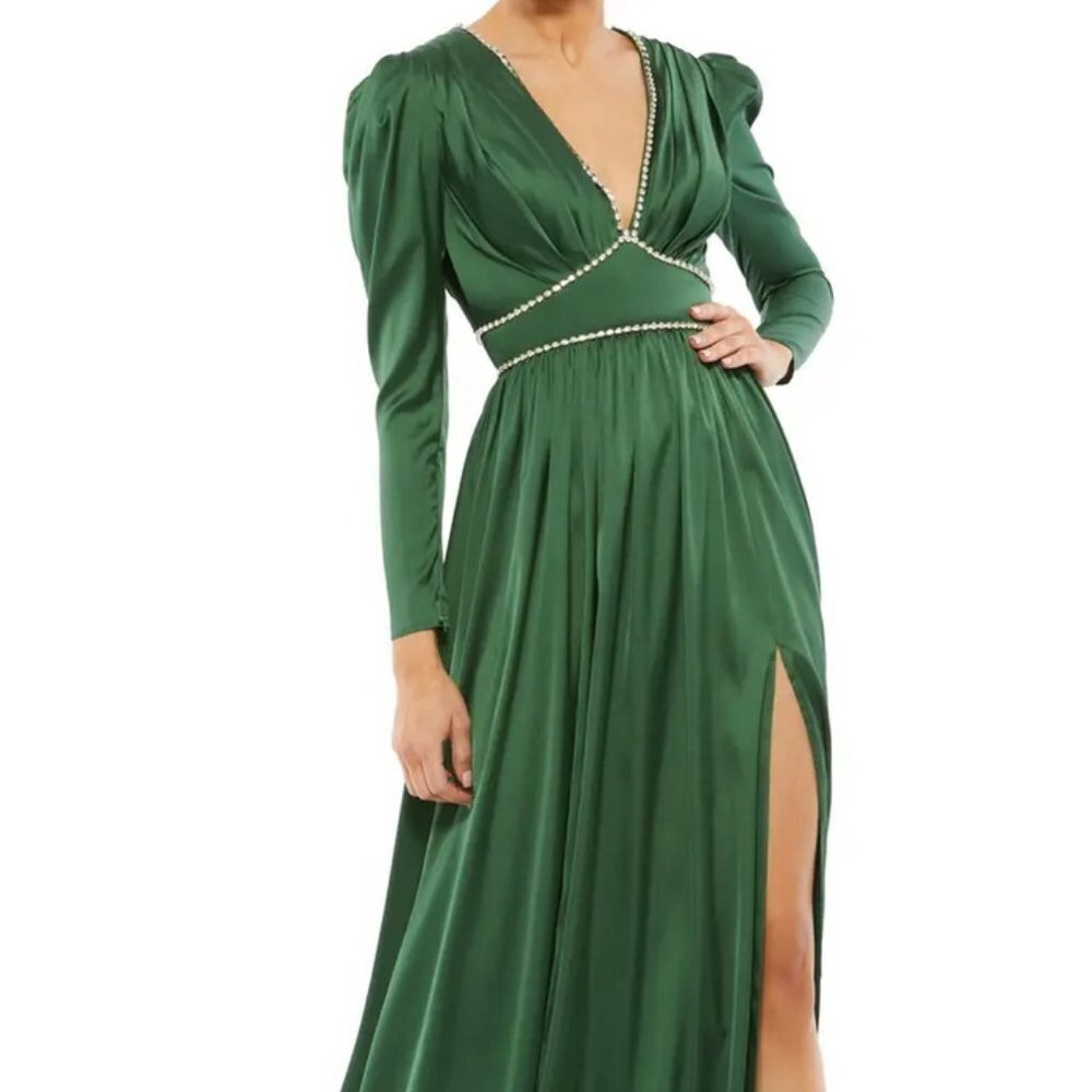 Mac Duggal Emerald Green Crystal Satin Empire Waist Long Sleeve Gown